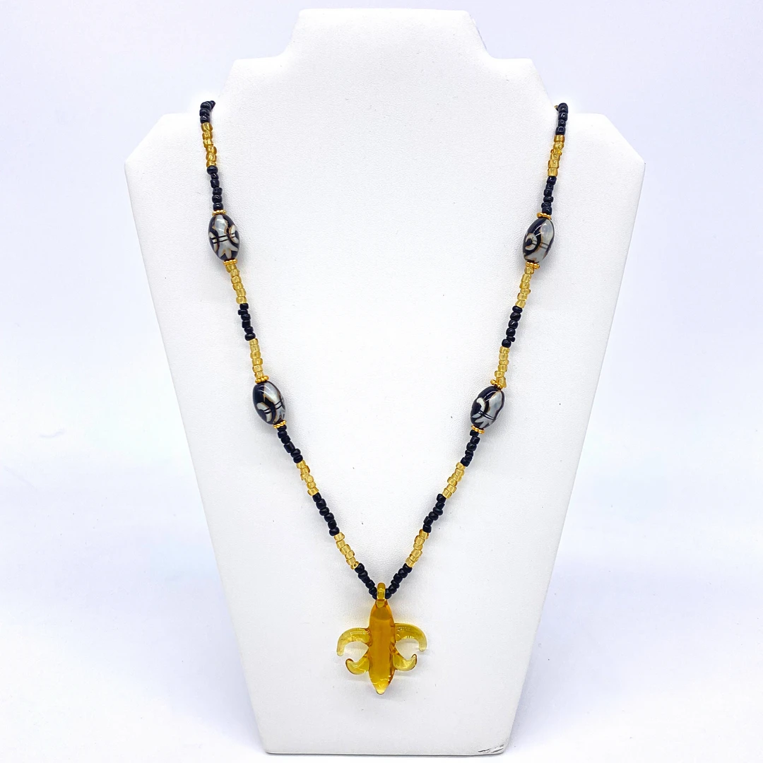 Mardi Gras Spot 26" Fleur De Lis Glass Pendant Necklace With Glass Black And Gold Beads (Each) Mardi Gras Spot 26" Fleur De Lis Glass Pendant Necklace With Glass Black And Gold Beads (Each)