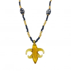 Mardi Gras Spot 26" Fleur De Lis Glass Pendant Necklace With Glass Black And Gold Beads (Each)