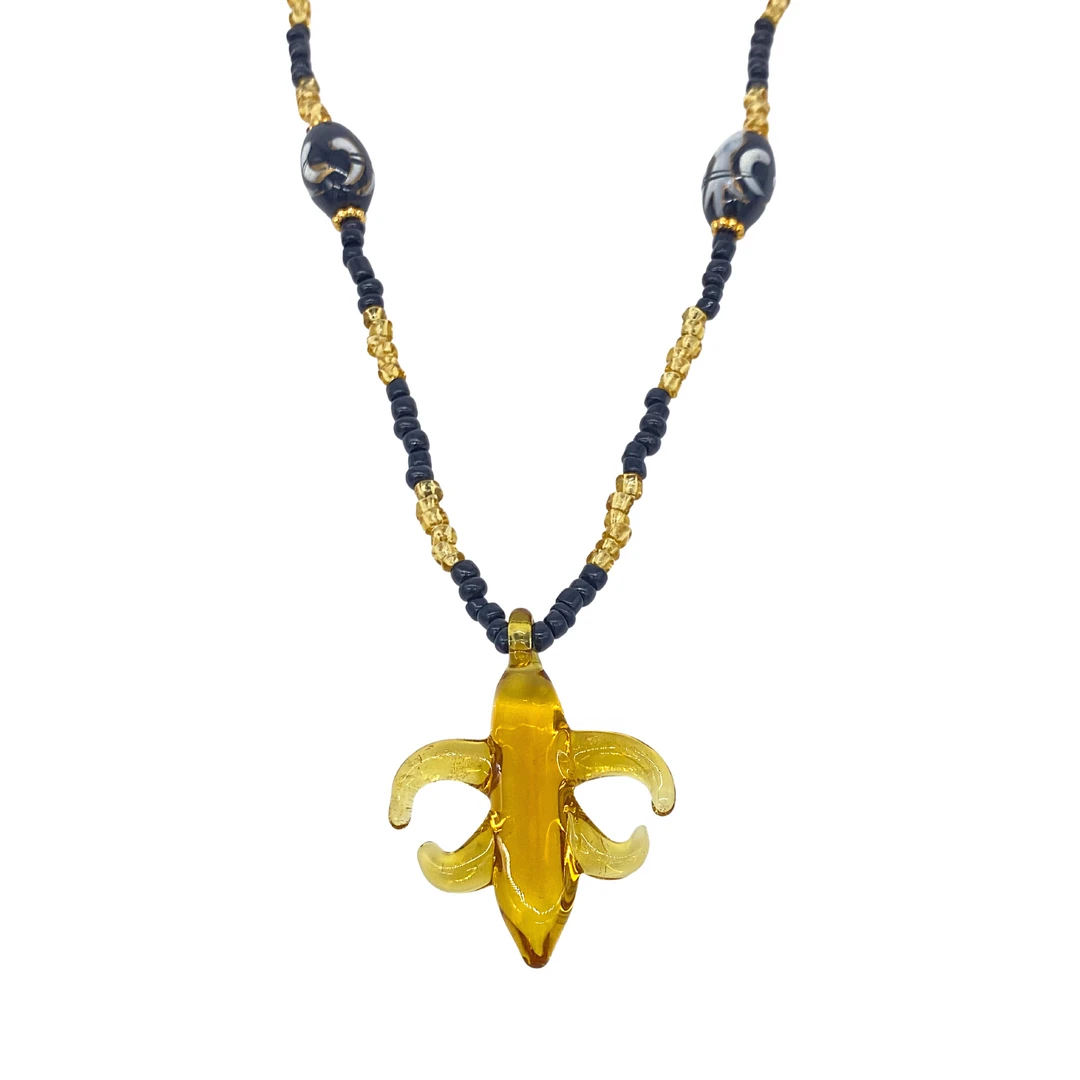 Mardi Gras Spot 26" Fleur De Lis Glass Pendant Necklace With Glass Black And Gold Beads (Each) Mardi Gras Spot 26" Fleur De Lis Glass Pendant Necklace With Glass Black And Gold Beads (Each)