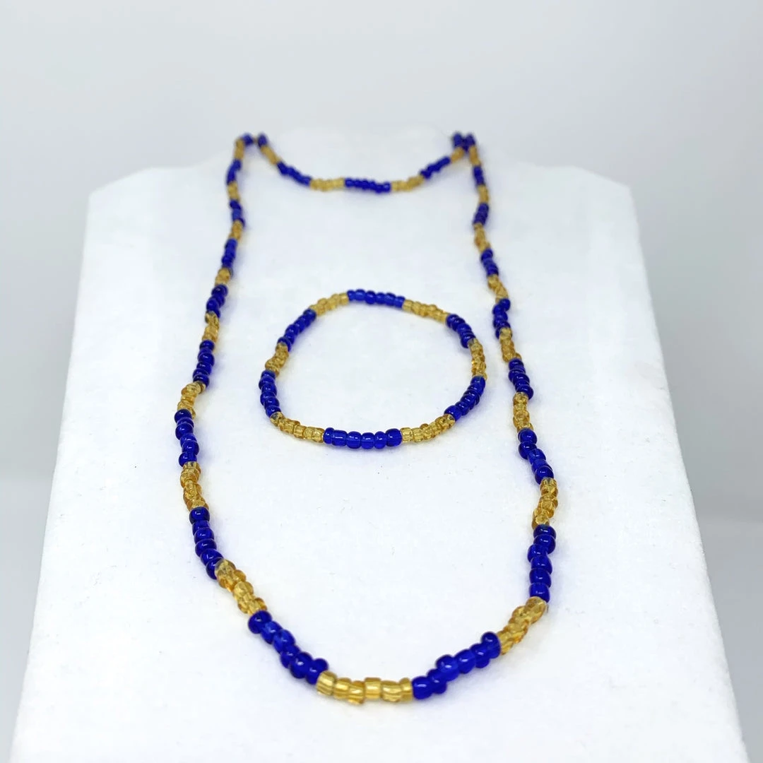 Mardi Gras Spot 27" Yellow And Blue Glass Bead Necklace And Bracelet Set (Each) Beads 6 Mardi Gras Spot 27" Yellow And Blue Glass Bead Necklace And Bracelet Set (Each) Beads