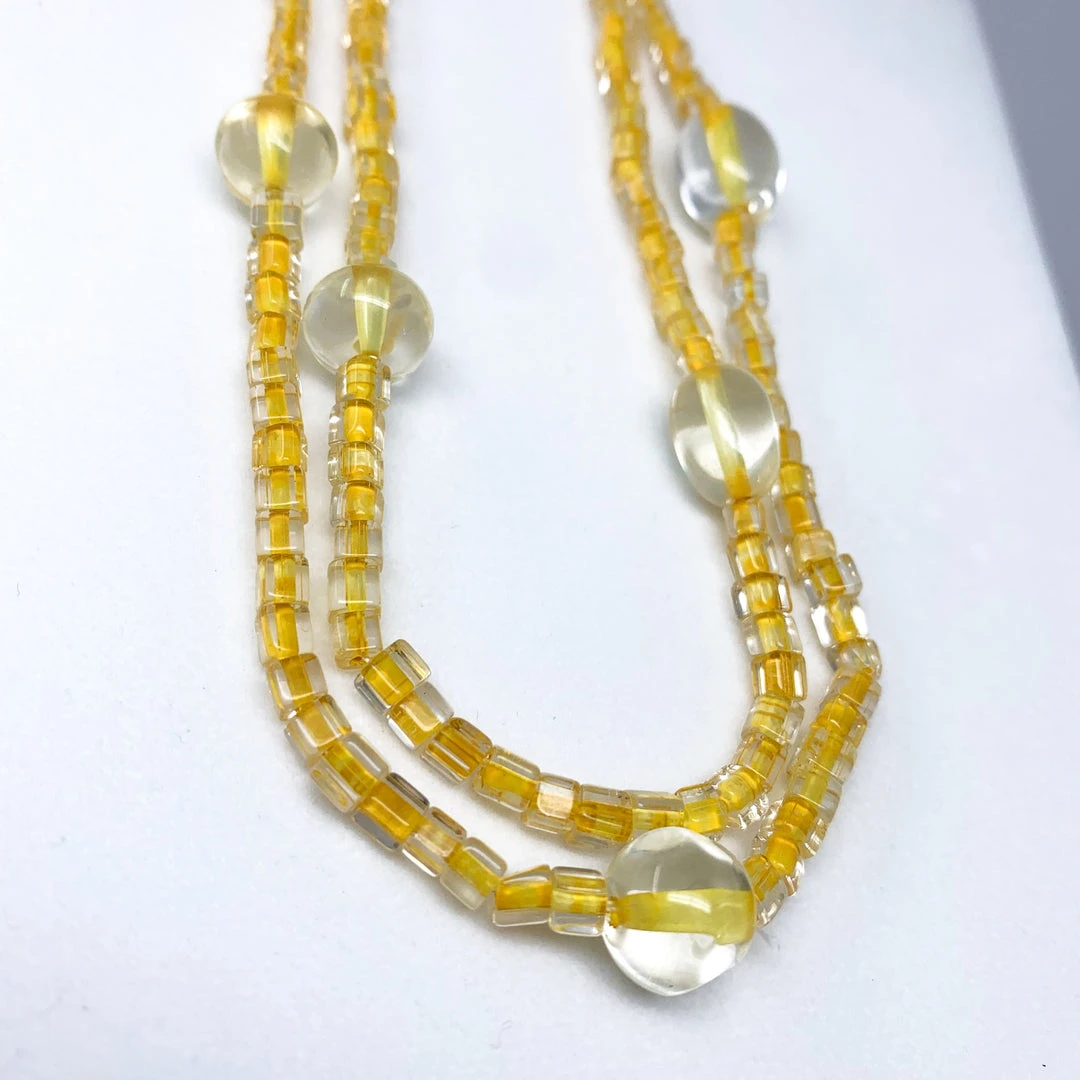 Mardi Gras Spot 27" Golden Yellow Glass Bead With Large Clear Beads Glass Necklace (Dozen) 4 Mardi Gras Spot 27" Golden Yellow Glass Bead With Large Clear Beads Glass Necklace (Dozen)