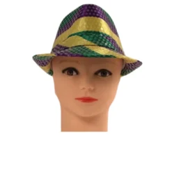 Mardi Gras Spot Party Supplies Purple, Green And Yellow Wide Striped Fedora Hat (Each)
