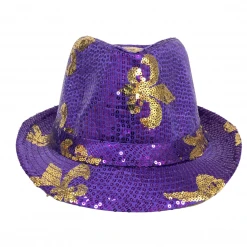 Mardi Gras Spot Purple Sequin Fedora With Gold Fleur De Lis (Each)