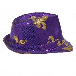 Mardi Gras Spot Purple Sequin Fedora With Gold Fleur De Lis (Each)