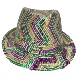 Mardi Gras Spot Party Supplies Purple, Green And Gold Sequins Zig Zag Stripes On White Fedora (Each)