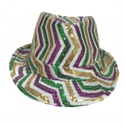 Mardi Gras Spot Purple, Green And Gold Sequins Stripes On White Fedora (Each)
