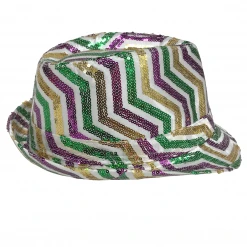 Mardi Gras Spot Purple, Green And Gold Sequins Stripes On White Fedora (Each)