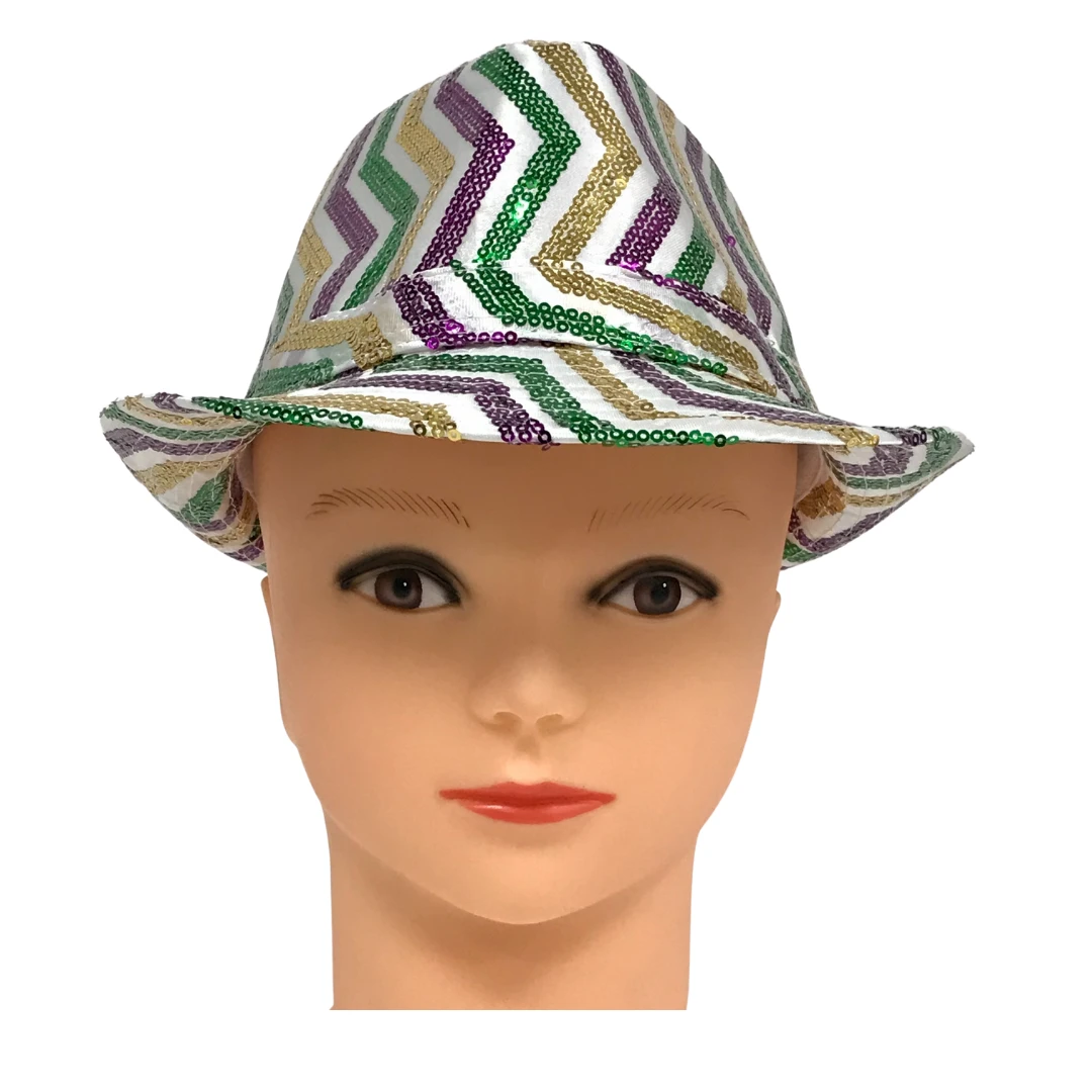 Mardi Gras Spot Purple, Green And Gold Sequins Stripes On White Fedora (Each) 5 Mardi Gras Spot Purple, Green And Gold Sequins Stripes On White Fedora (Each)