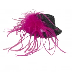 Mardi Gras Spot Party Supplies Mini Black Top Hat With Hot Pink Feather And Silver Stone (Each)