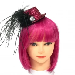 Mardi Gras Spot Party Supplies Mini Hot Pink Top Hat With Black Feather And Silver Stone (Each)