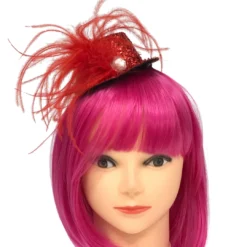 Mardi Gras Spot Party Supplies Mini Red Top Hat With Red Feather And Silver Stone (Each)
