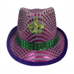 Mardi Gras Spot LED Purple And Green Sequin Fedora With Gold Fleur De Lis (Each)