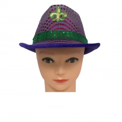 Mardi Gras Spot LED Purple And Green Sequin Fedora With Gold Fleur De Lis (Each)