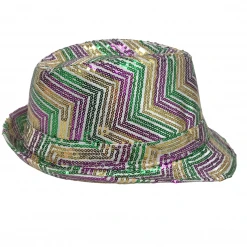 Mardi Gras Spot Party Supplies Purple, Green And Gold Sequins Zig Zag Stripes On White Fedora (Each)