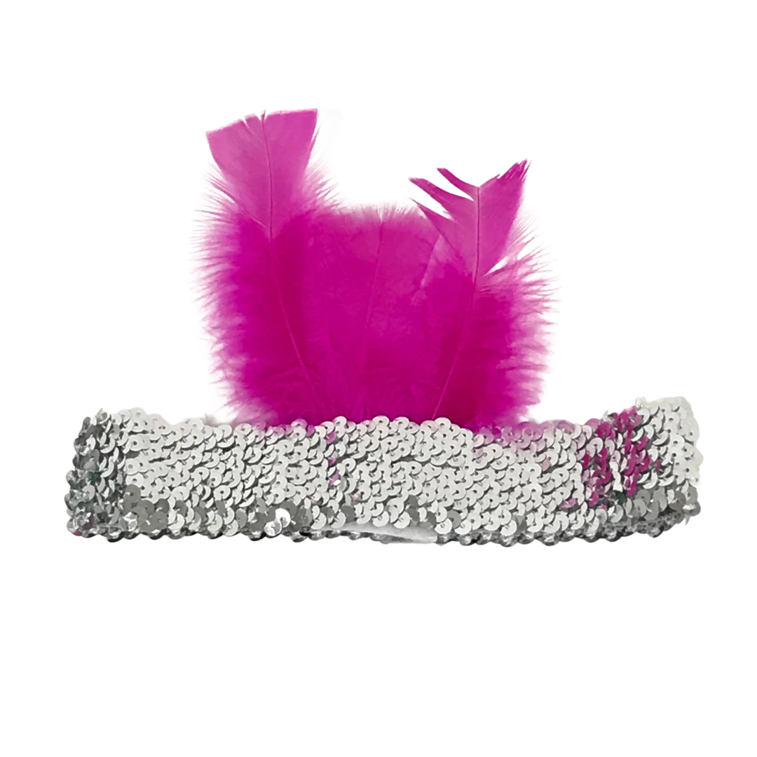Sale Silver Sequin Headband With Hot Pink Feather On Side (Each) 3 Sale Silver Sequin Headband With Hot Pink Feather On Side (Each)
