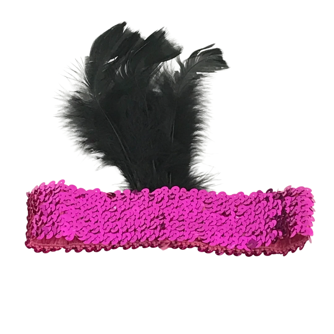 Sale Hot Pink Sequin Headband With Black Feather On Side (Each) Headbands Sale Hot Pink Sequin Headband With Black Feather On Side (Each) Headbands