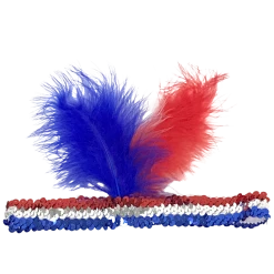 Mardi Gras Spot Red, Blue And Silver Sequin Headband With Red, Blue And White Feathers (Each)