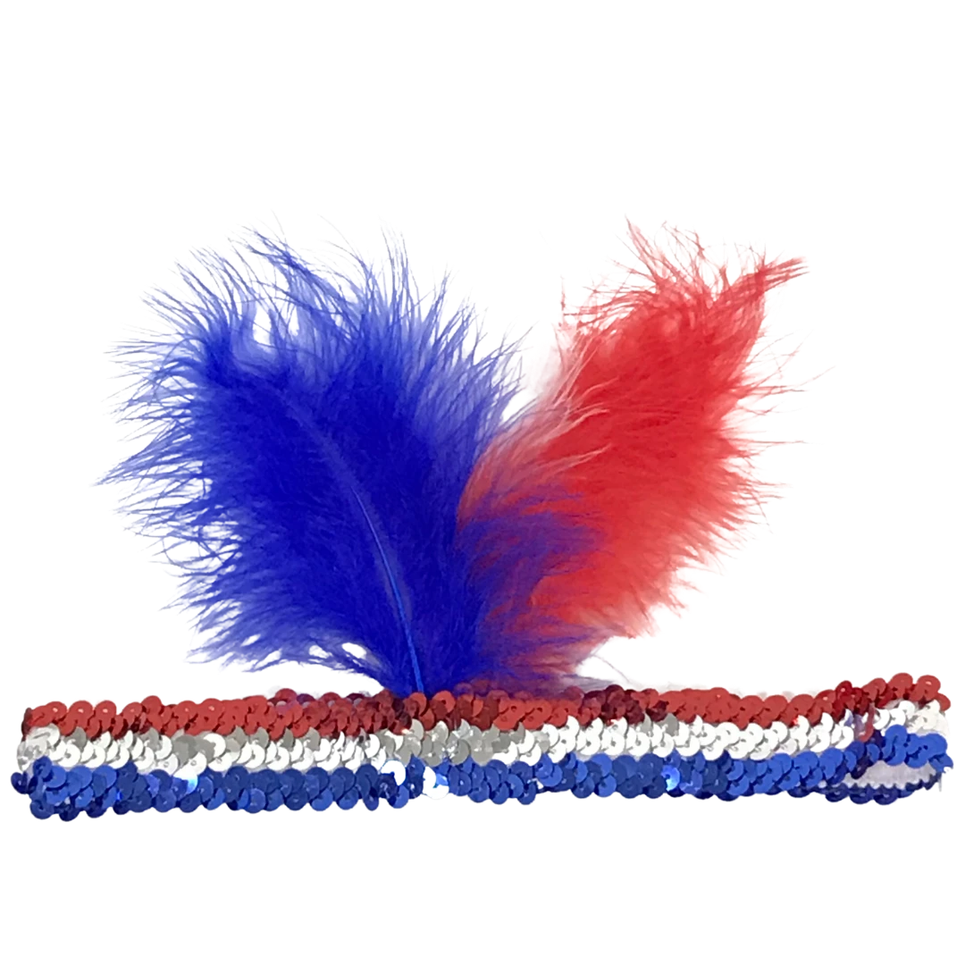 Mardi Gras Spot Red, Blue And Silver Sequin Headband With Red, Blue And White Feathers (Each) 3 Mardi Gras Spot Red, Blue And Silver Sequin Headband With Red, Blue And White Feathers (Each)