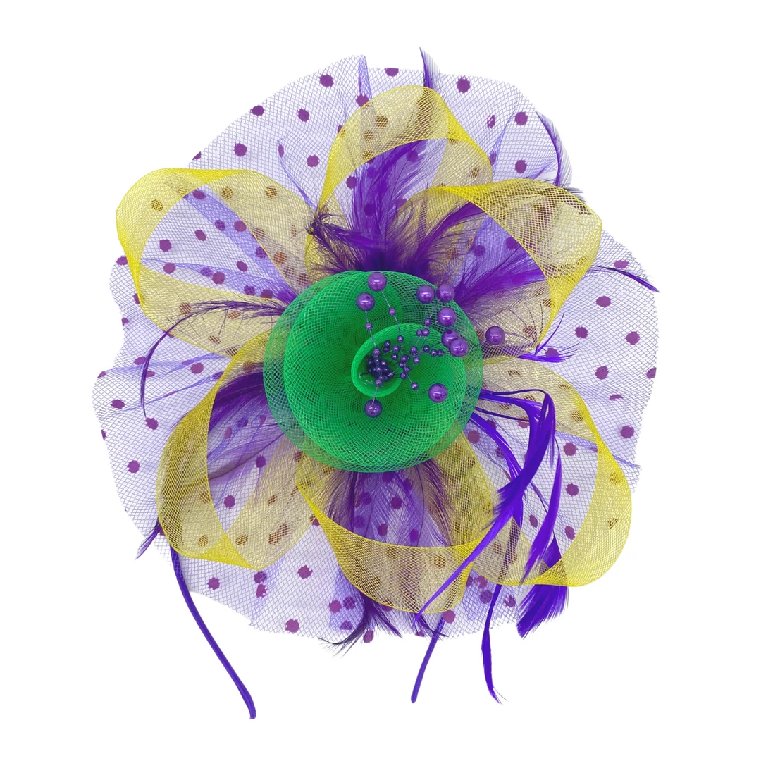 - No Manufacturer - Mardi Gras Floral Beads Feather Net Fascinator (Each) Headbands 3 - No Manufacturer - Mardi Gras Floral Beads Feather Net Fascinator (Each) Headbands
