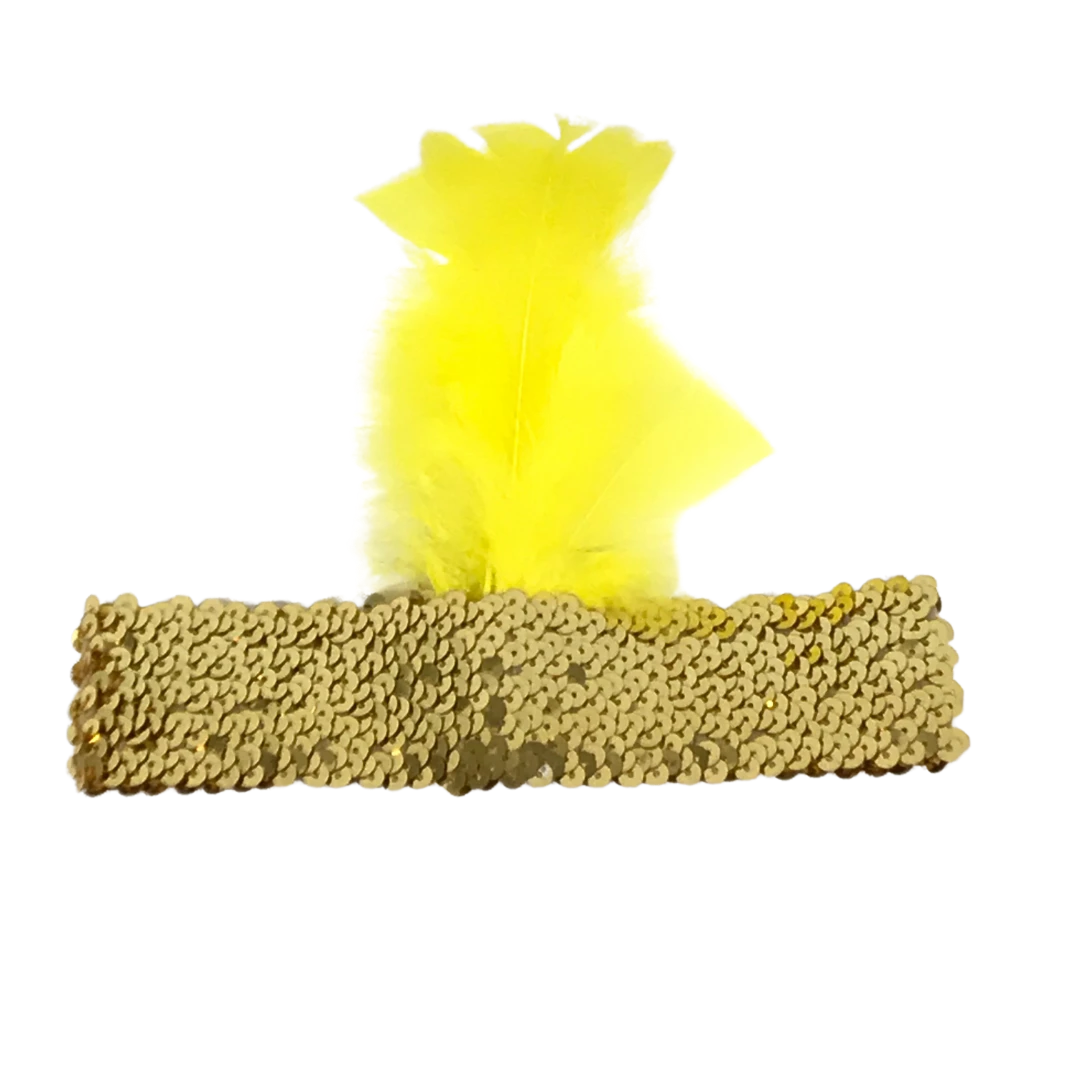 Plush Appeal, LLC Gold Sequin Headband With Golden Yellow Feather On Side (Each) Headbands 3 Plush Appeal, LLC Gold Sequin Headband With Golden Yellow Feather On Side (Each) Headbands