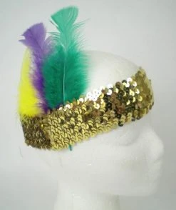 Plush Appeal, LLC Headbands Gold Sequin Headband With Purple, Green And Gold Feathers (Each)