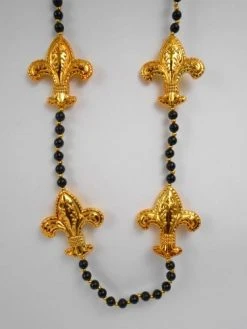 SBDOZEN 42" Necklace With Four 3.5" Black And Gold Fleur De Lis (Dozen) Beads