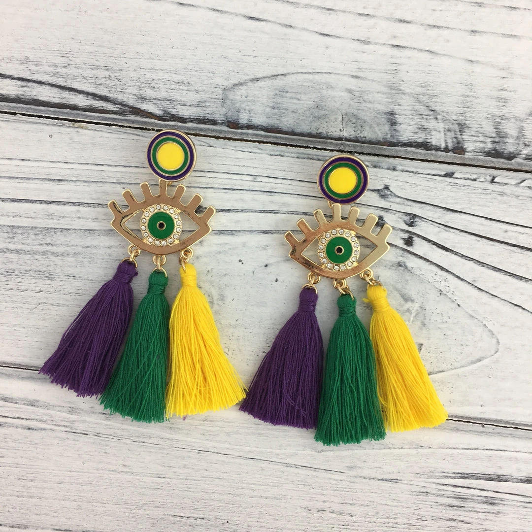Sale Purple, Green And Gold Evil Eye Earrings With Tassels (Pair)