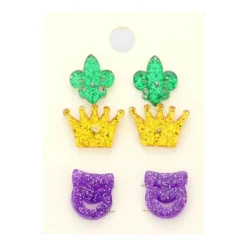 - No Manufacturer - Three Mardi Gras Designs Stud Earrings (Pack) Gifts & Apparel