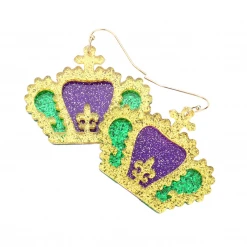 Plush Appeal, LLC Gifts & Apparel Mardi Gras Glitter Resin Crown Earrings (Pair)