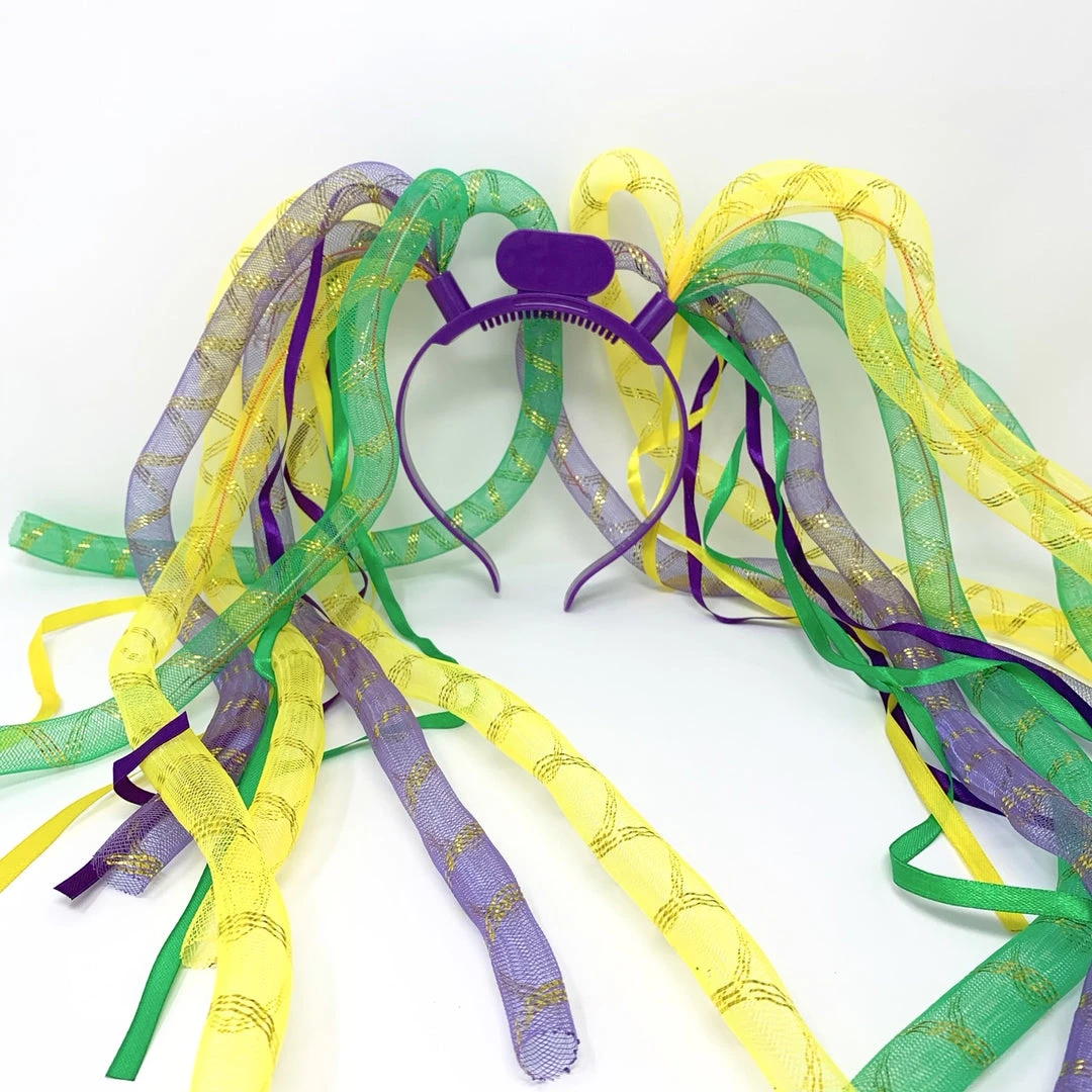 Mardi Gras Spot Purple, Green And Yellow Noodle Head Bopper With Purple Headband And Ribbons Light-Ups 3 Mardi Gras Spot Purple, Green And Yellow Noodle Head Bopper With Purple Headband And Ribbons Light-Ups