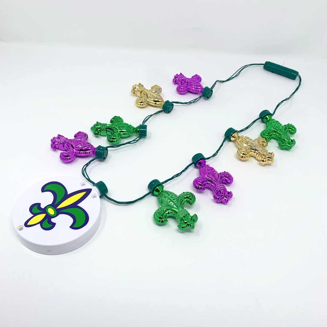 Mardi Gras Spot LED Metallic Fleur De Lis Necklace With Fleur De Lis On Disc Light-Ups 4 Mardi Gras Spot LED Metallic Fleur De Lis Necklace With Fleur De Lis On Disc Light-Ups