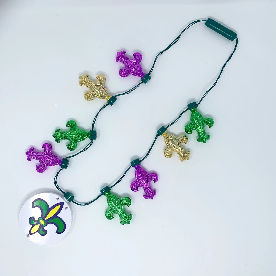Mardi Gras Spot LED Metallic Fleur De Lis Necklace With Fleur De Lis On Disc Light-Ups 3 Mardi Gras Spot LED Metallic Fleur De Lis Necklace With Fleur De Lis On Disc Light-Ups