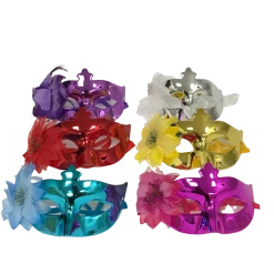 Plush Appeal, LLC Party Supplies Metallic Mask With Flower And Ribbon Tie - Assorted Colors (Pack Of 6)