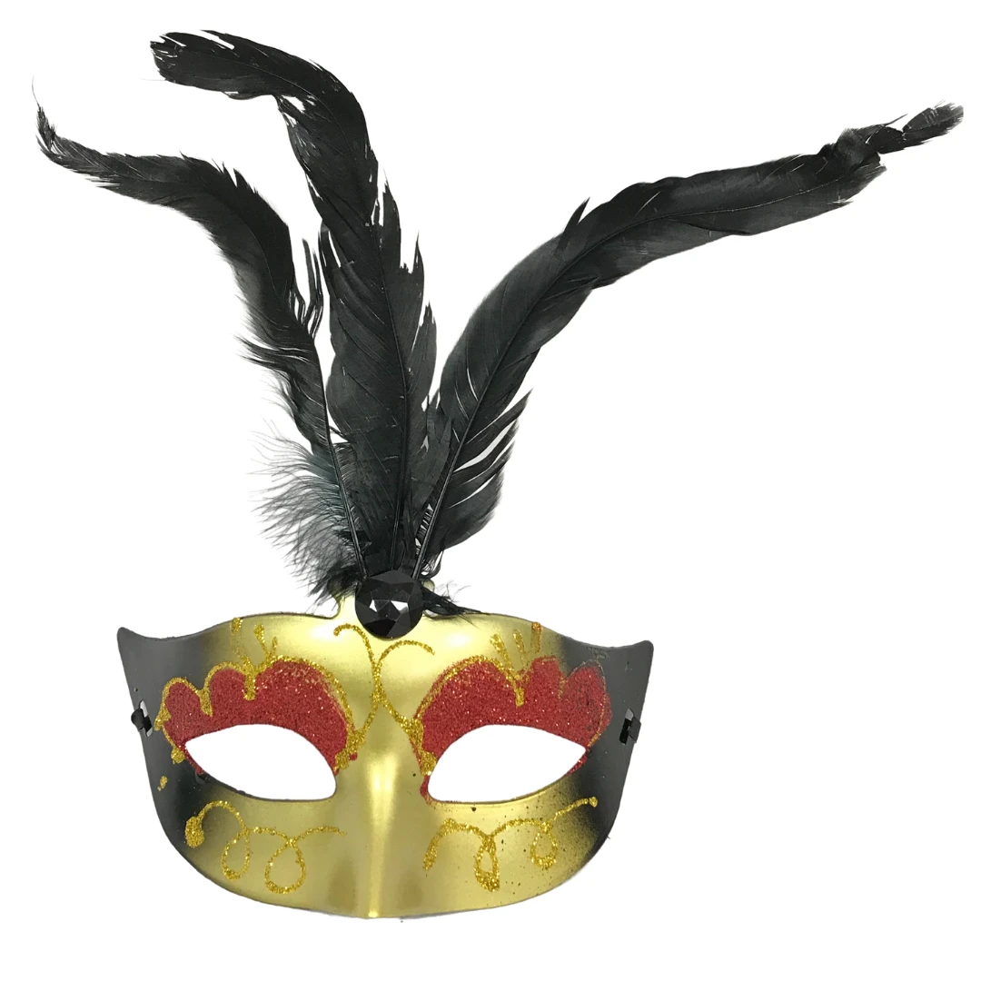 Plush Appeal, LLC Party Supplies Black And Gold Hard Plastic Mask With Black Feathers With Ribbon Tie (Each) 3 Plush Appeal, LLC Party Supplies Black And Gold Hard Plastic Mask With Black Feathers With Ribbon Tie (Each)