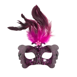 Plush Appeal, LLC Hot Pink And Black Plastic Mask With Feathers And Ribbon Tie (Each)