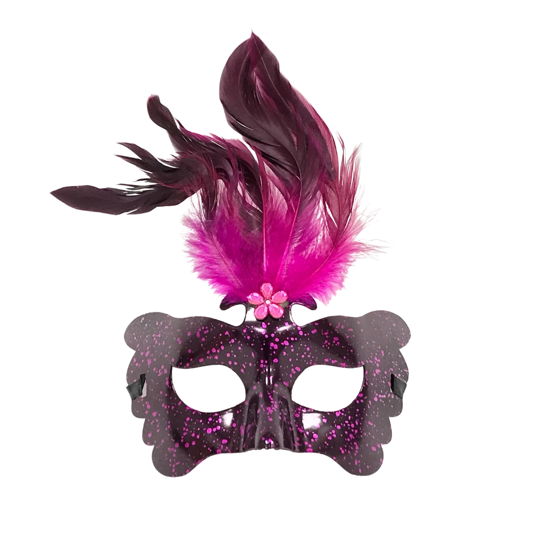 Plush Appeal, LLC Hot Pink And Black Plastic Mask With Feathers And Ribbon Tie (Each) 3 Plush Appeal, LLC Hot Pink And Black Plastic Mask With Feathers And Ribbon Tie (Each)
