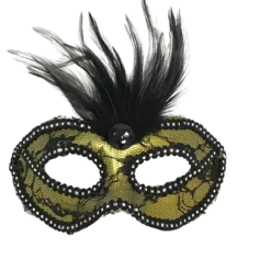 Plush Appeal, LLC Black And Gold Lace Mask With Feathers With Ribbon Tie (Each)