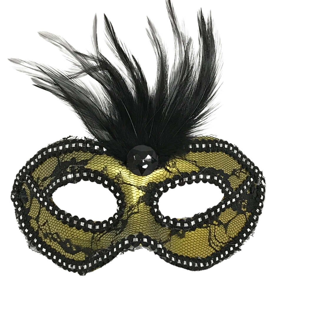Plush Appeal, LLC Black And Gold Lace Mask With Feathers With Ribbon Tie (Each) 3 Plush Appeal, LLC Black And Gold Lace Mask With Feathers With Ribbon Tie (Each)