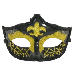 Plush Appeal, LLC Party Supplies Black And Gold Hard Plastic Glittered Mask With Fleur De Lis With Ribbon Tie (Each)