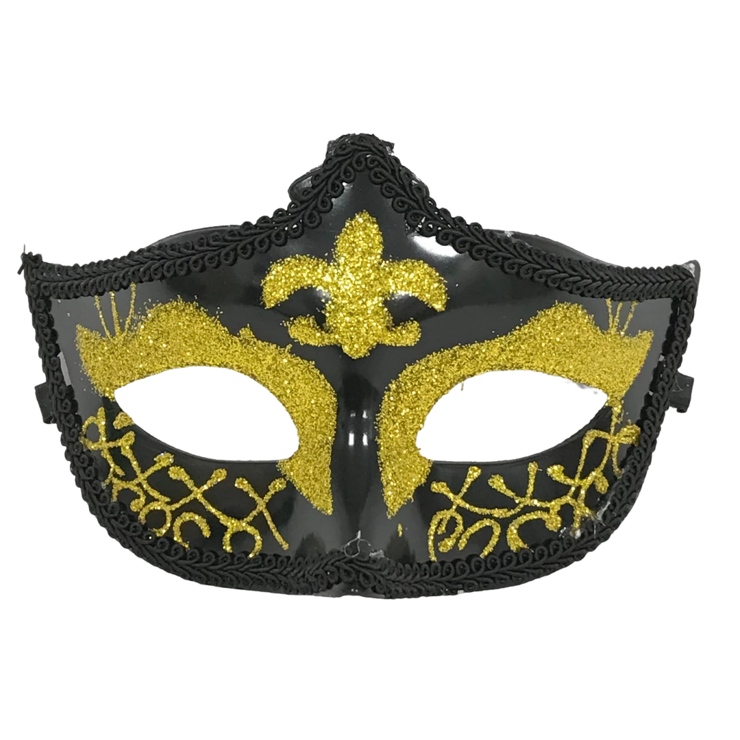 Plush Appeal, LLC Party Supplies Black And Gold Hard Plastic Glittered Mask With Fleur De Lis With Ribbon Tie (Each) Plush Appeal, LLC Party Supplies Black And Gold Hard Plastic Glittered Mask With Fleur De Lis With Ribbon Tie (Each)