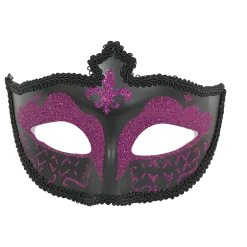 Plush Appeal, LLC Black And Pink Hard Plastic Glittered Mask With Fleur De Lis With Ribbon Tie (Each)