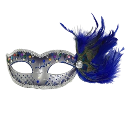 Plush Appeal, LLC Royal Blue And Silver Mask With Jewels And Royal Blue Feather (Each)