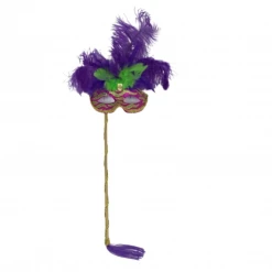 Plush Appeal, LLC Purple, Green And Gold Striped Mask With Feathers On Stick (Each)