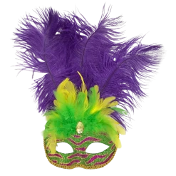 Plush Appeal, LLC Green And Purple Striped Mask With Purple, Green And Gold Feathers (Each)