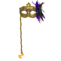 Plush Appeal, LLC 15" X 6" Gold Painted Mask With Feathers And Handle (Each)