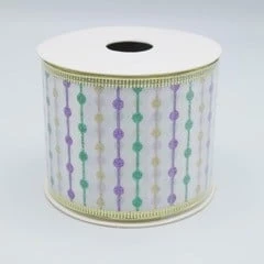 - No Manufacturer - White Ribbon With Purple, Green And Gold Lines And Dots (Each) Party Supplies