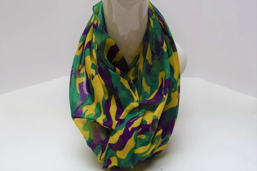 Sale 72" Purple, Green And Yellow Camouflage Scarf (Each) Sale 72" Purple, Green And Yellow Camouflage Scarf (Each)