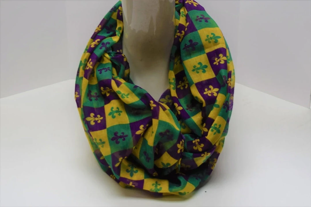Sale 72" Purple, Green And Yellow Harlequin Fleur De Lis Scarf (Each) 3 Sale 72" Purple, Green And Yellow Harlequin Fleur De Lis Scarf (Each)