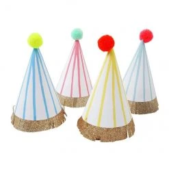 Plush Appeal, LLC Party Supplies Stripe Pompom Party Hats (Pack Of 8)