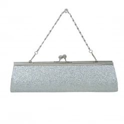 Sale Novelties Large Silver Glitter Clutch Purse 9.5" X 4.5" With Chain (Each)